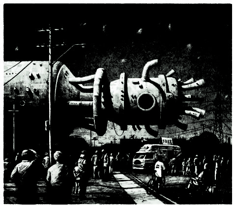The Amnesia Machine A large steel panelled structure with tubes coming out of it looms over an ordinary suburban landscape, people are standing by observing it