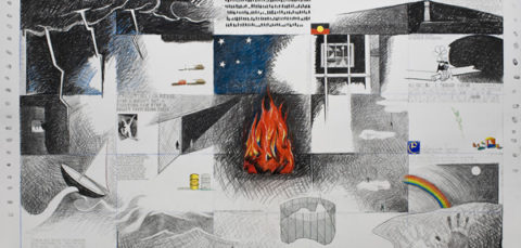Illustrated patchwork of human rights imagery around a fire