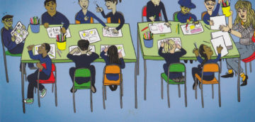 Cartoon of children in drawing class