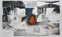 Illustrated patchwork of human rights imagery around a fire