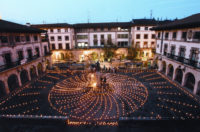 Ancient symbol of the sun set in lights at Foru Plaza