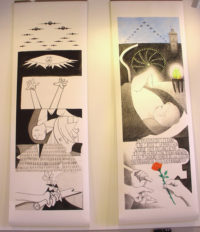 Two large panels of illustrations commemorating Picasso's 'Guernica'