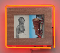 Photograph of indigenous woman and logging truck within red neon light