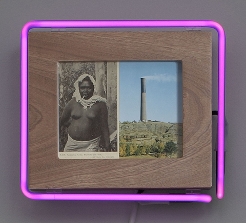 Photograph of indigenous woman and oil refinery within purple neon light
