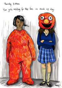 Cartoon of two young girls dressed for muck up day
