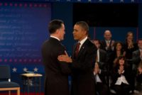 Photo of Barack Obama and Mitt Romney before US Presidential debate