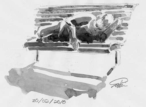 sketch of a homeless person lying on a bench