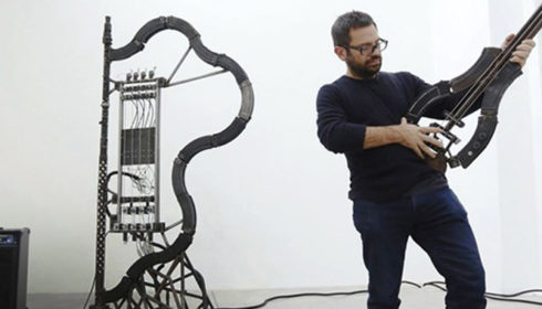 Pedro Reyes playing his instruments, made from gun parts