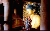 View of a great golden Buddha statue inside the buddhist temple of Shorinin in Ohara, north of Kyoto, Japan
