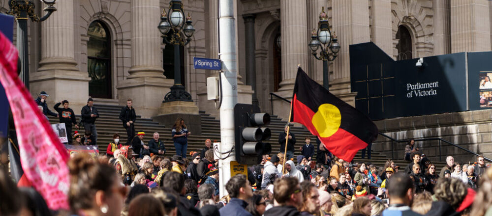 Aboriginal protest outside Parliament of Victoria.