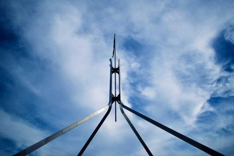 Australian flag at the Parliament building at Canberra, ACT, Australia